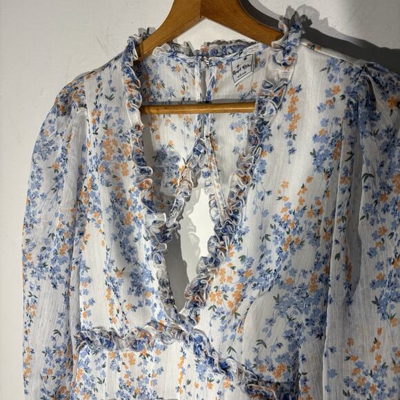 Angel Biba Floral White Blue Open Back Ruffle Chiffon Dress Size Medium Boho - Picture 6 of 10